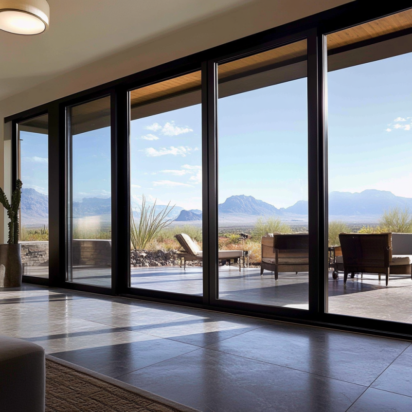 Large sliding glass doors framed in black provide a panoramic view of the landscape outside.