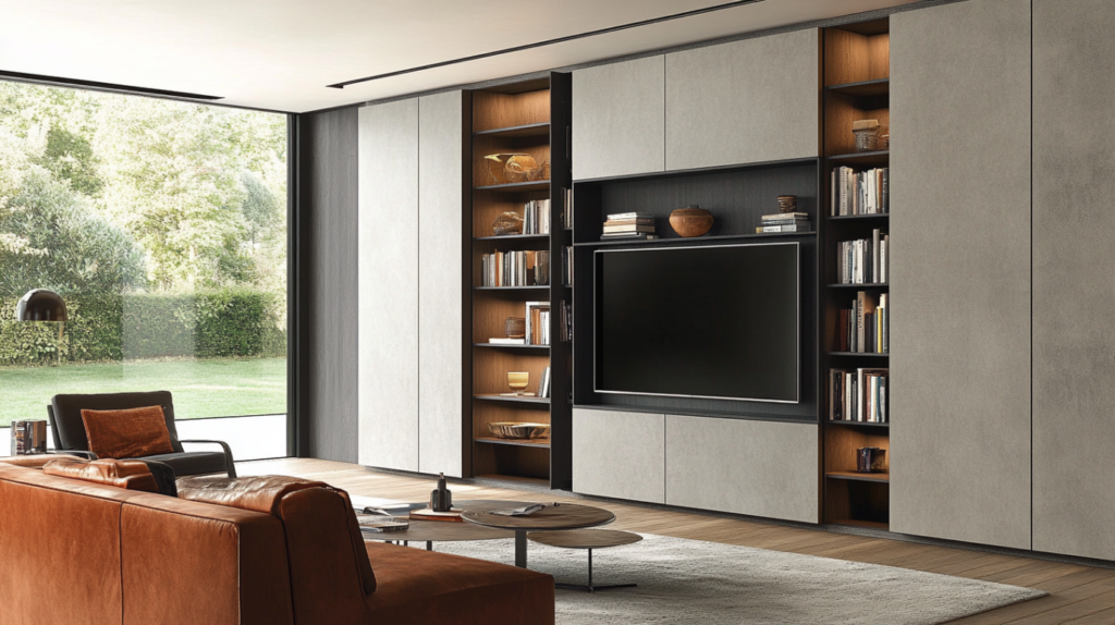 Modern built-in storage unit with TV wall and open shelving in a minimalist living room