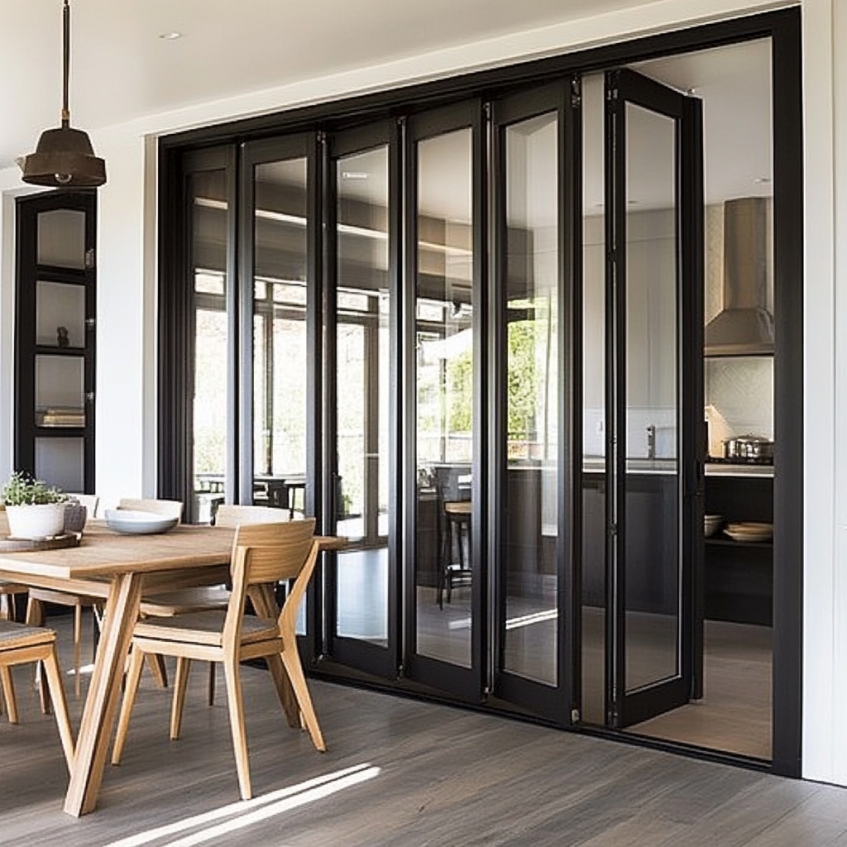 Modern folding glass doors that separate the kitchen and dining area while maintaining an open and spacious feel.