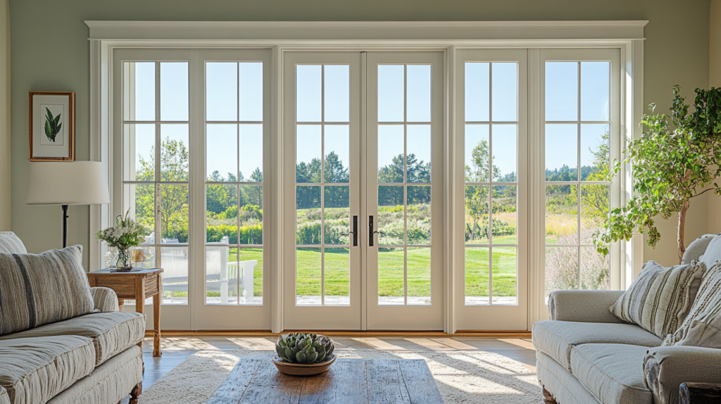Sleek French doors with clean lines and neutral tones, seamlessly blending with the modern interior design.