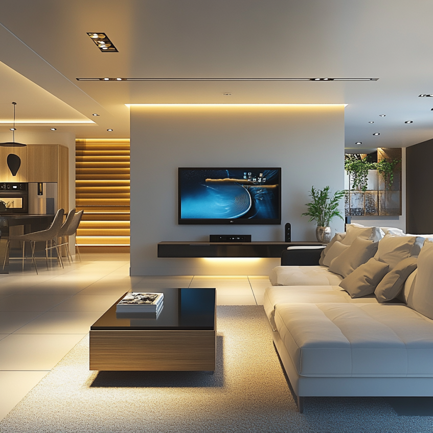 High-tech living room featuring ambient lighting, white sectional sofa, and smart minimalist design