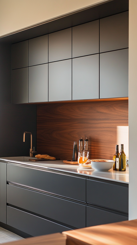 Chic modern kitchen with dark cabinetry and a walnut backsplash, showcasing a minimalist design ideal for small kitchen spaces.