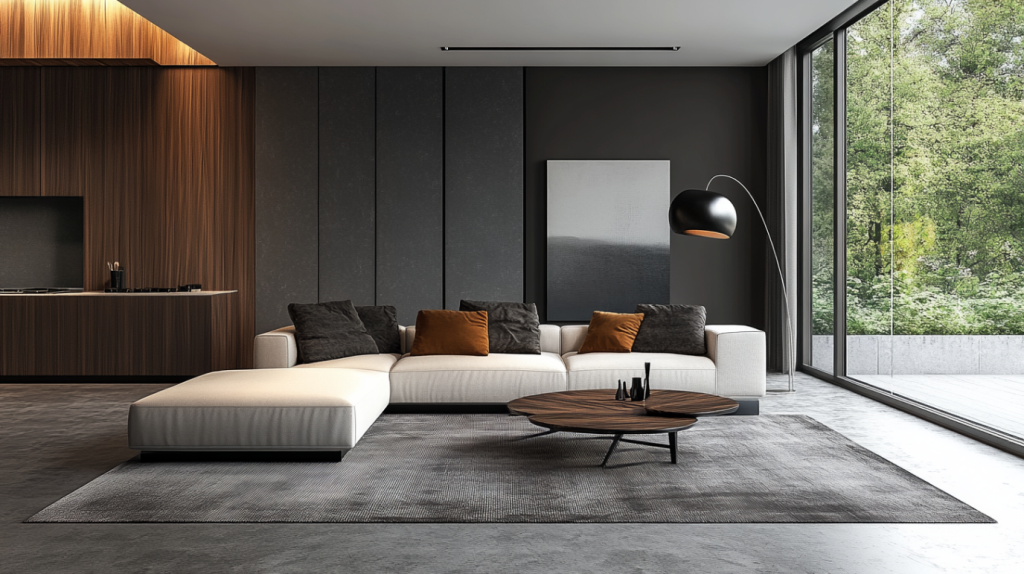 Contemporary living room with dark paneled walls, a white sectional sofa, floor-to-ceiling windows, and wood-accented interiors.