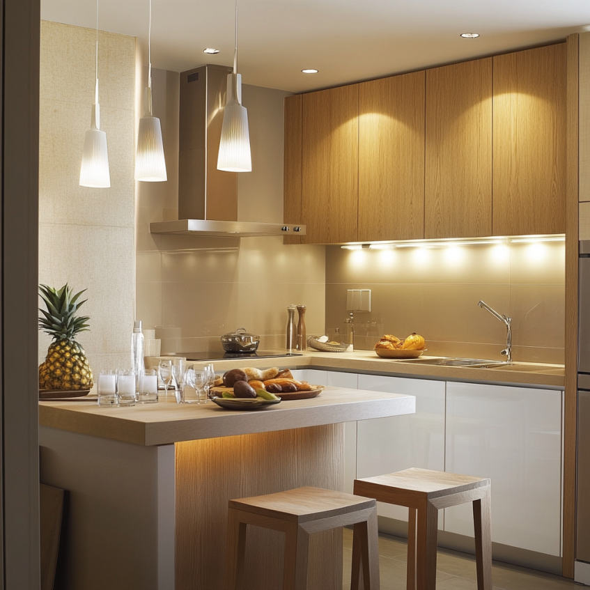 Small modern kitchen with light wood cabinetry, sleek countertops, and stylish pendant lights. A warm, minimalistic design that maximizes space.