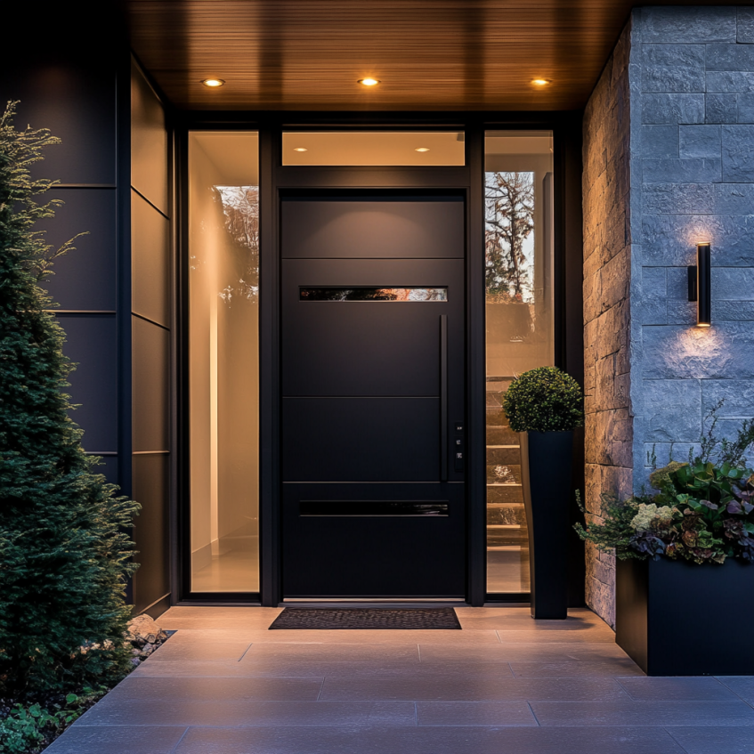 Smart door with a sleek design and touchscreen security panel, providing enhanced control over home access.