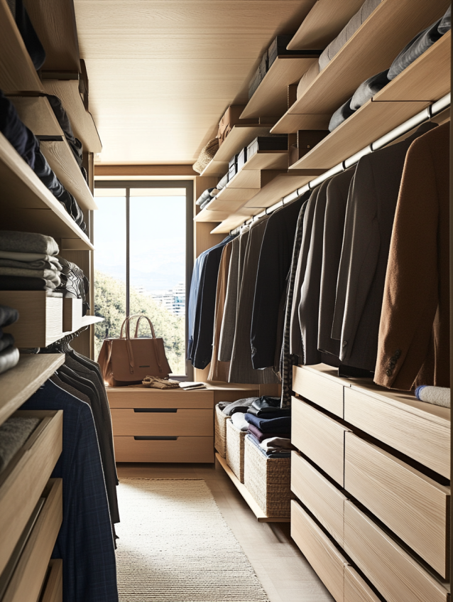 Modern walk-in closet with custom wooden shelving, hanging area for suits, and a clean design with drawers and baskets.