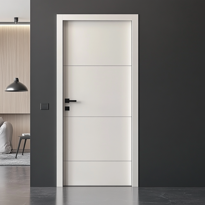 Modern white interior door with black hardware and clean lines, ideal for contemporary home designs.