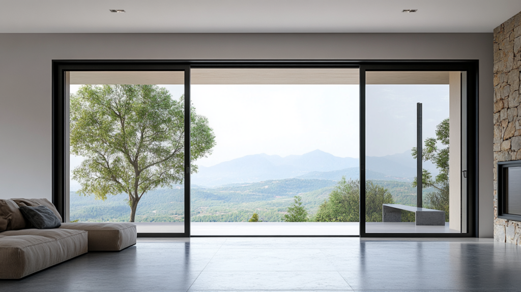 Sliding glass doors provide unobstructed views of the outdoor greenery and offer easy access to the patio.