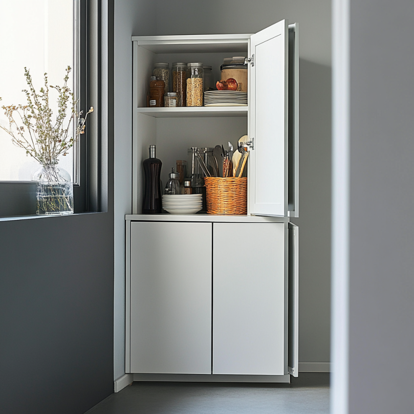 Compact small corner cabinet for apartment storage, featuring neat shelves and modern design