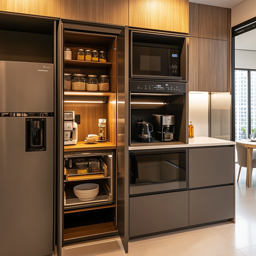 Modern small kitchen with multifunctional kitchen cabinets and built-in appliances, featuring sleek designs and efficient storage solutions.