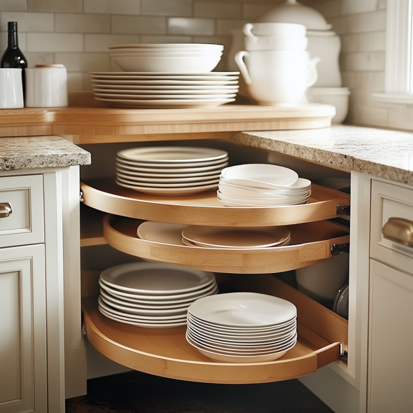 Blind corner cabinet with round pull-out trays filled with neatly stacked white plates