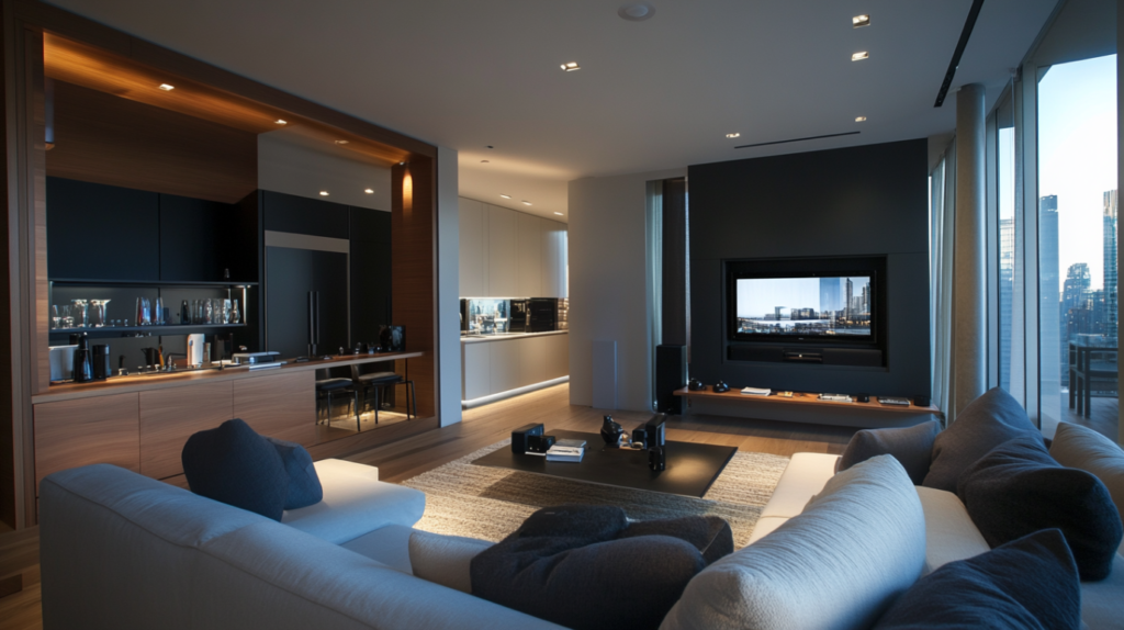 Modern city apartment living room with sleek tech-integrated design and skyline view
