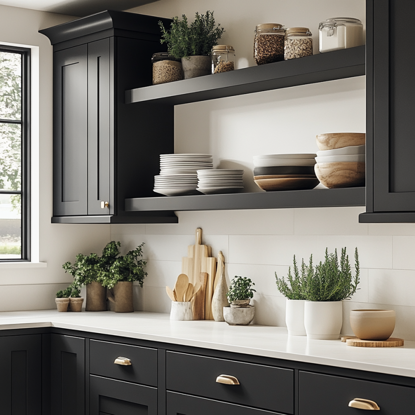 Modern black Shaker cabinets with open shelving, white countertops, and decorative plants.
