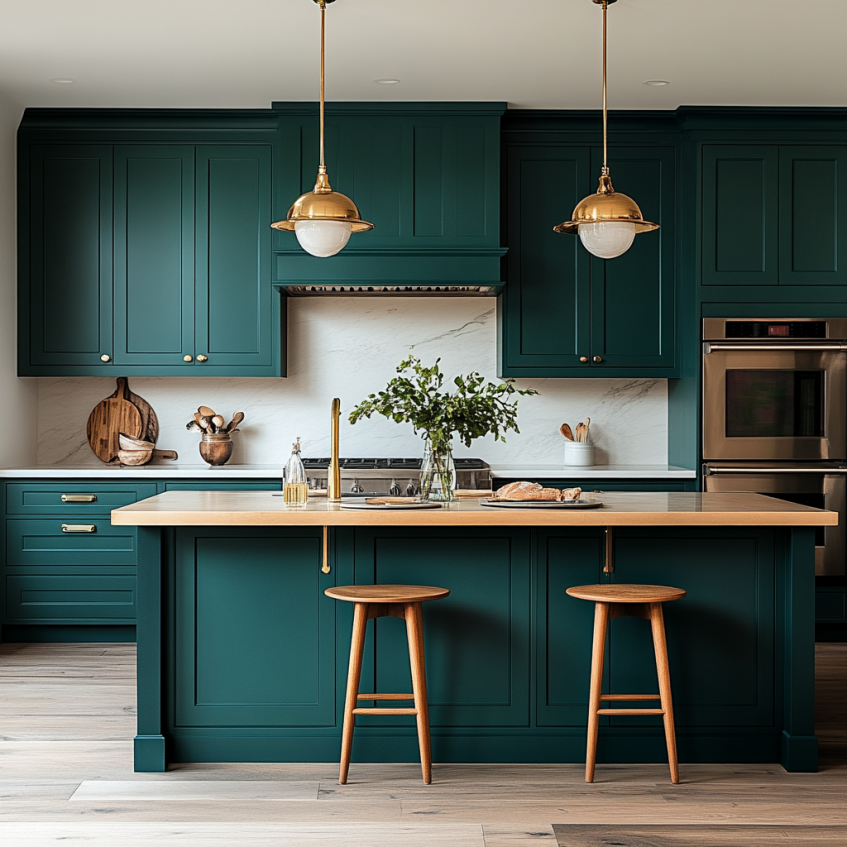 Bold green Shaker kitchen cabinets with marble countertops and gold pendant lighting.
