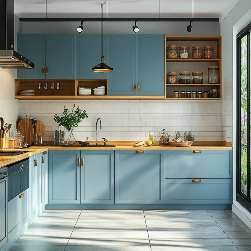 Blue RTA kitchen cabinets with natural wood accents, gold hardware, and white subway tile backsplash.