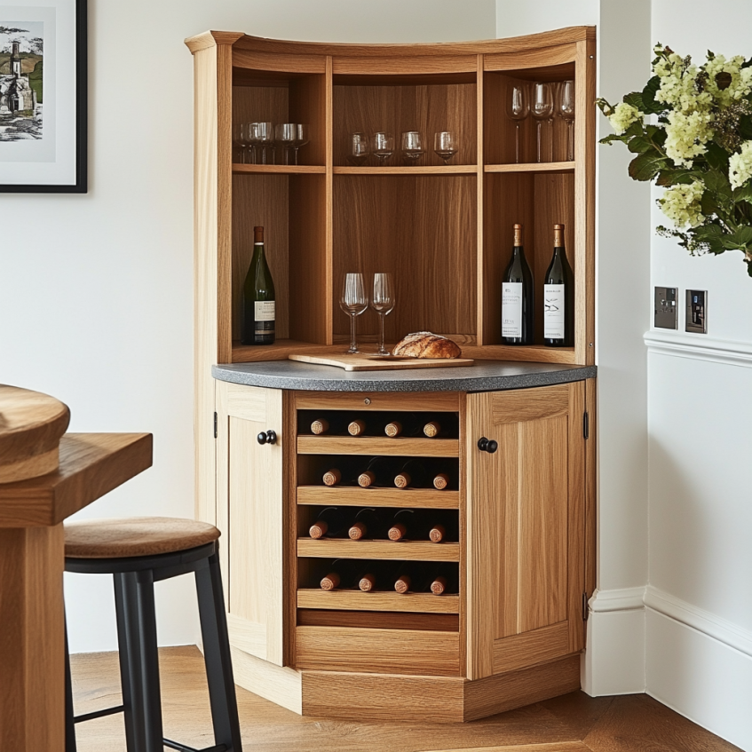 Corner wine cabinet with glass shelves, wine storage, and a compact design perfect for modern dining rooms.