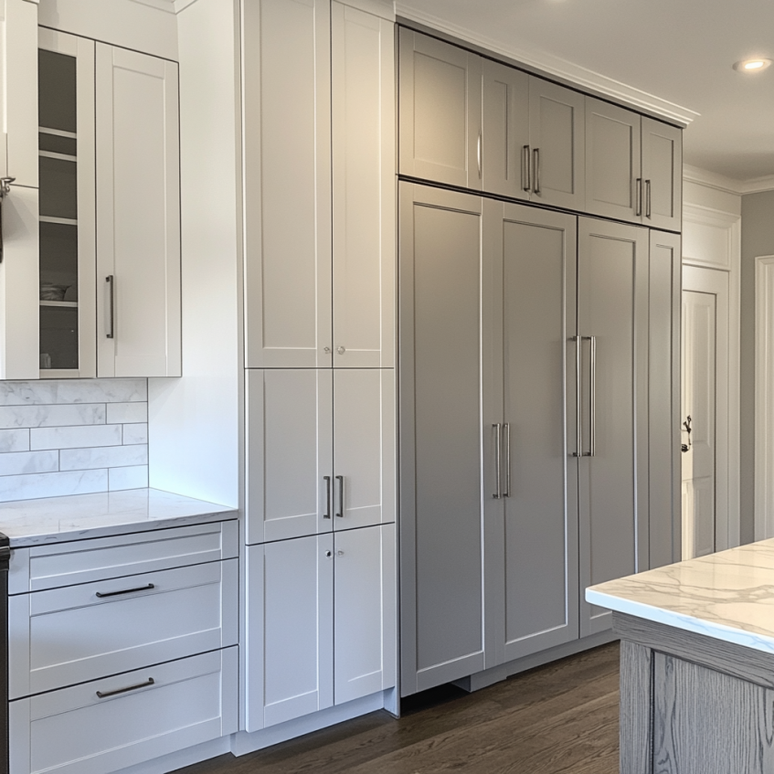 Elegant kitchen featuring white and gray cabinets with modern appliances