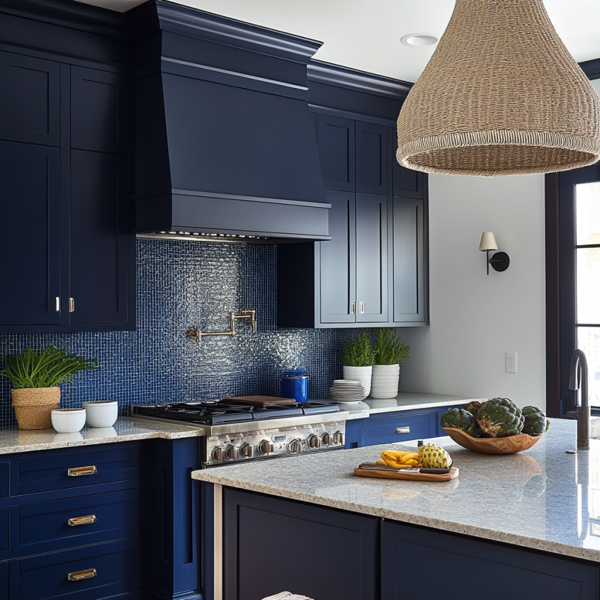 Navy blue kitchen with blue quartz countertops, shaker cabinets, and mosaic backsplash