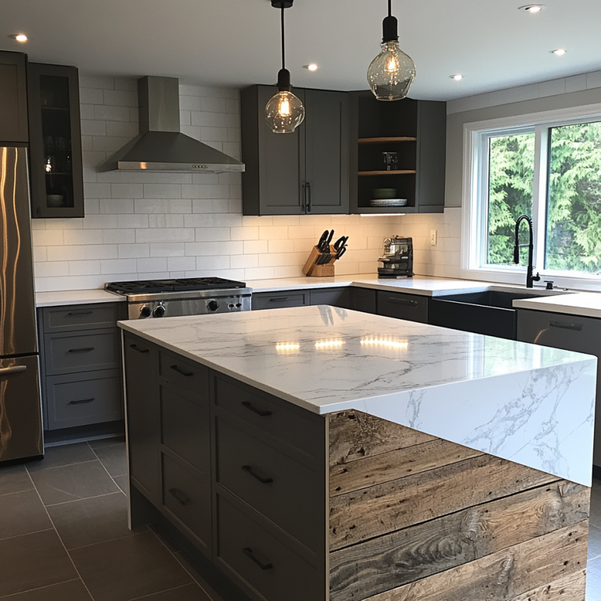 Modern RTA kitchen with white cabinets, a gray island, and stainless steel appliances.