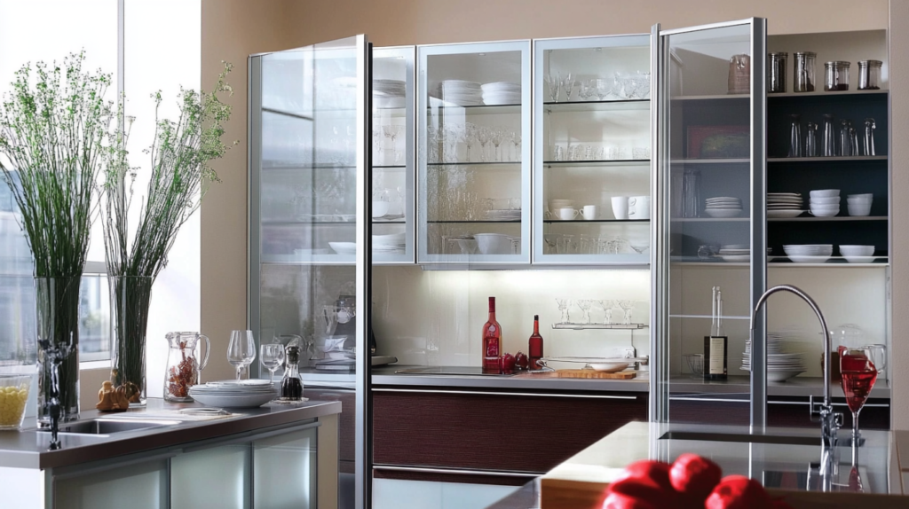 Modern small kitchen with glass-fronted cabinets showcasing clean lines and open storage for a spacious, minimalist design.