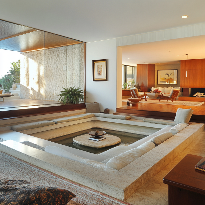 A stylish sunken living room featuring comfortable seating and a central coffee table, with natural light coming through large windows.