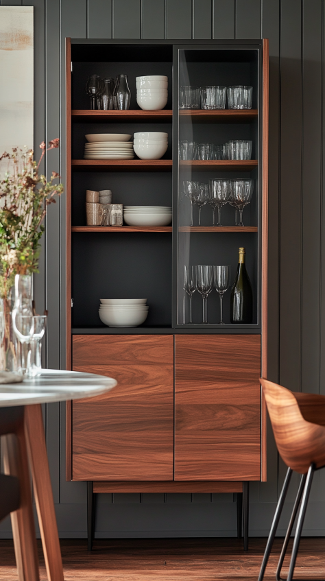Tall walnut dining room cabinet with mixed open and glass shelves, black panel backing, and lower wooden doors