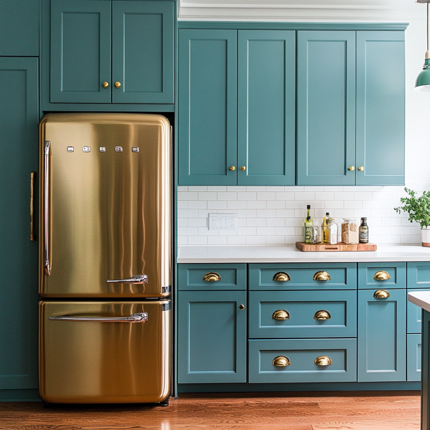 Teal Shaker kitchen cabinets with gold hardware and vintage refrigerator.