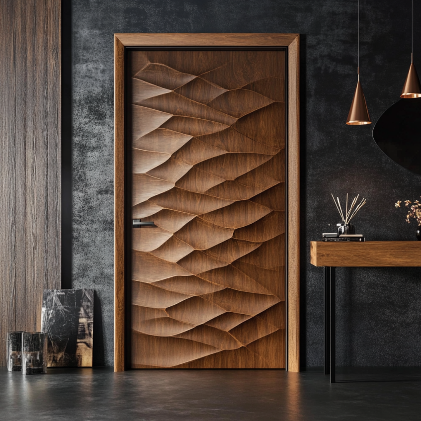 A wavy-textured wooden door with a bold, modern design, enhancing the sophistication of a contemporary interior.