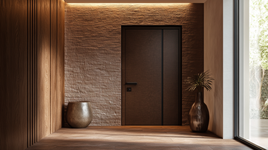 A textured wooden door with a sleek, minimalist design, adding a modern touch to a contemporary home entrance.