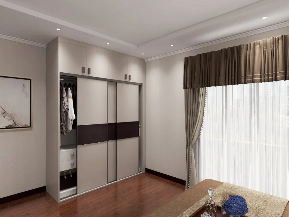 Three-door sliding wardrobe with modern design, beige and dark wood accents, providing ample storage in a stylish bedroom.