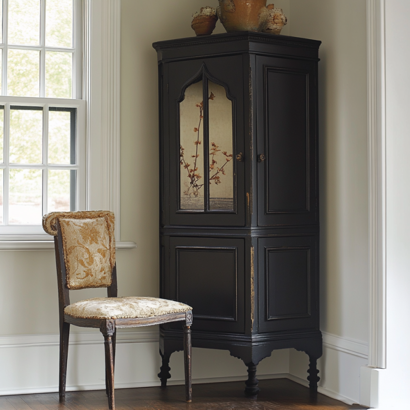 Traditional black corner cabinet with hand-painted floral panels and vintage chair beside it