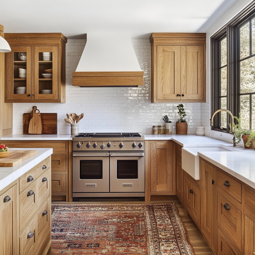 Bright kitchen with oak wooden cabinetry, white countertops, and a traditional stove. The design combines rustic charm with modern touches, making it perfect for cozy kitchens.