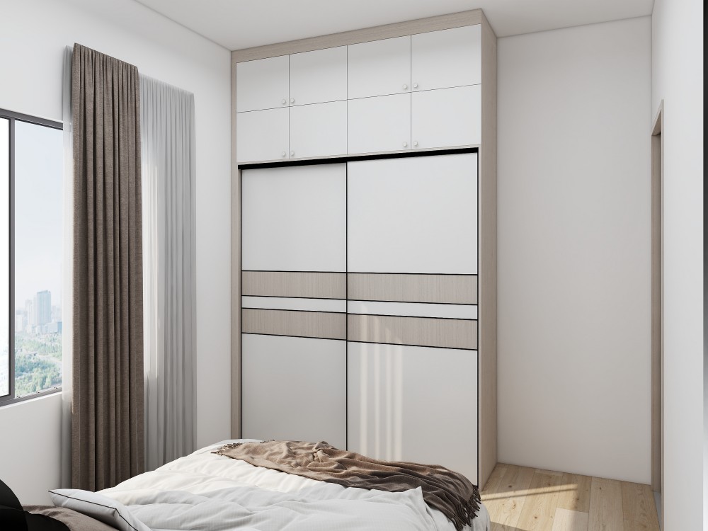 Modern two-door sliding wardrobe with a clean design and minimalist style, featuring white and wood accents in a bedroom.