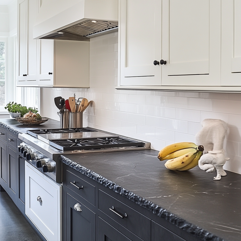 Two-tone kitchen with slate countertops and white subway tile backsplash
