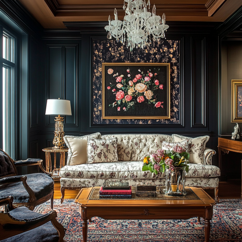 Elegant Victorian living room with floral upholstered sofa and ornate chandelier