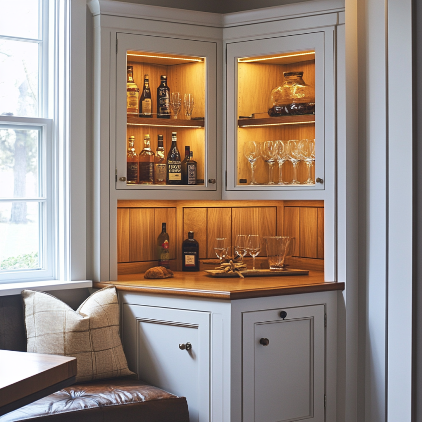 Wall-mounted corner cabinet with modern design and open shelves, perfect for small space organization