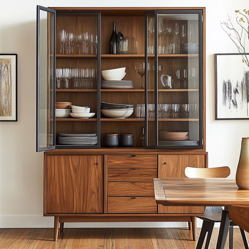 Mid-century walnut dining room hutch cabinet with glass doors, open shelves, drawers, and side storage compartments