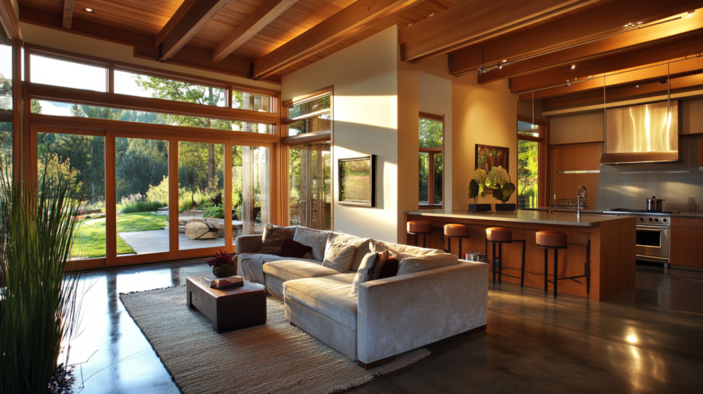 Modern eco interior with wood finishes and open-plan kitchen and living room