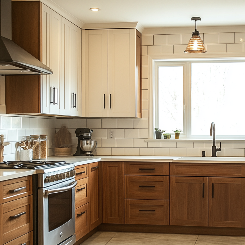Cozy kitchen with wood and white cabinetry, modern appliances, and ample counter space