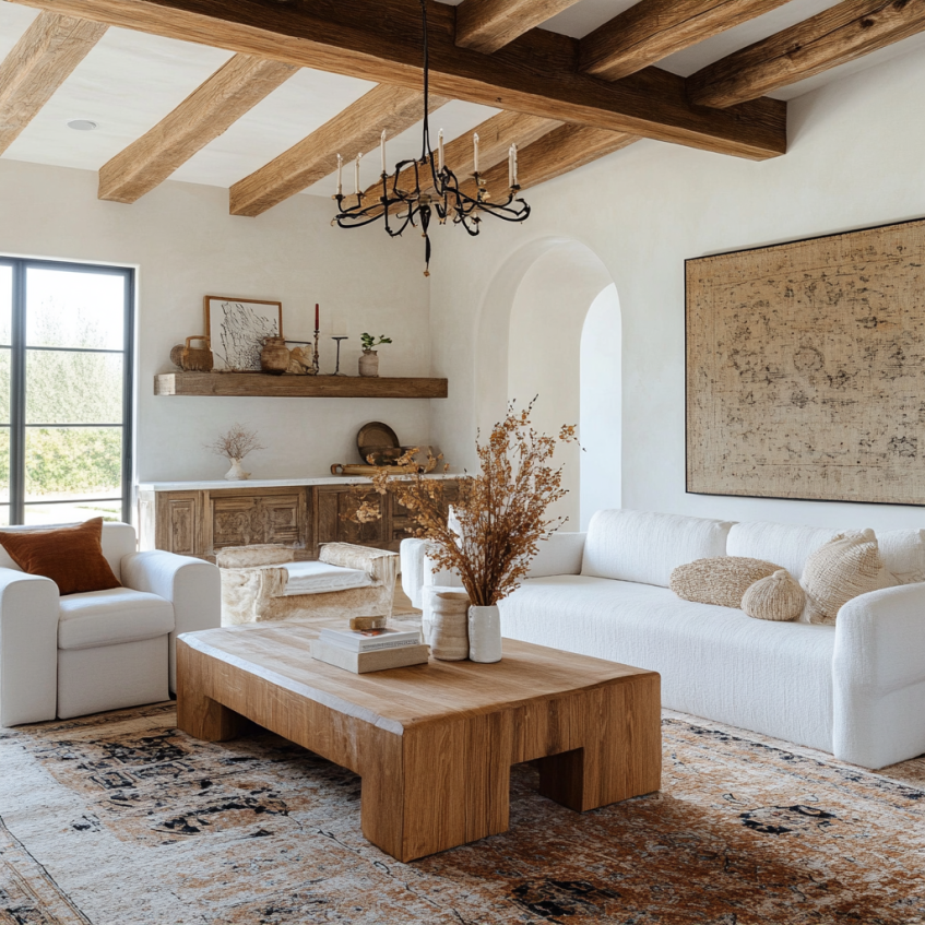 A Mediterranean-inspired living room featuring exposed wooden beams, a white sofa, rustic wood coffee table, and warm earthy accents.