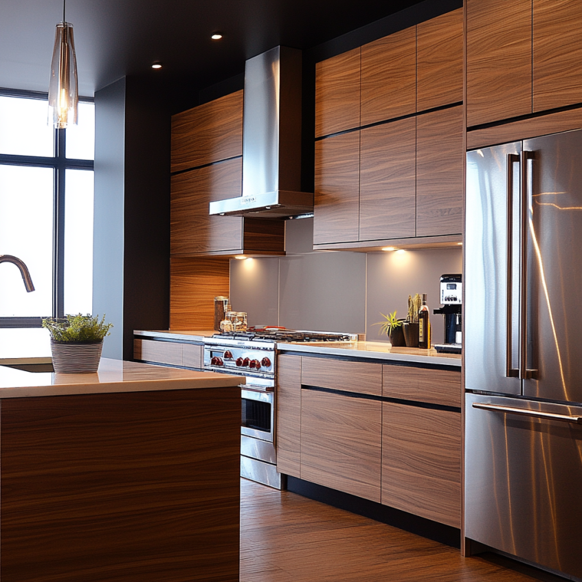 RTA kitchen with natural wood finishes, open shelving, and modern appliances.