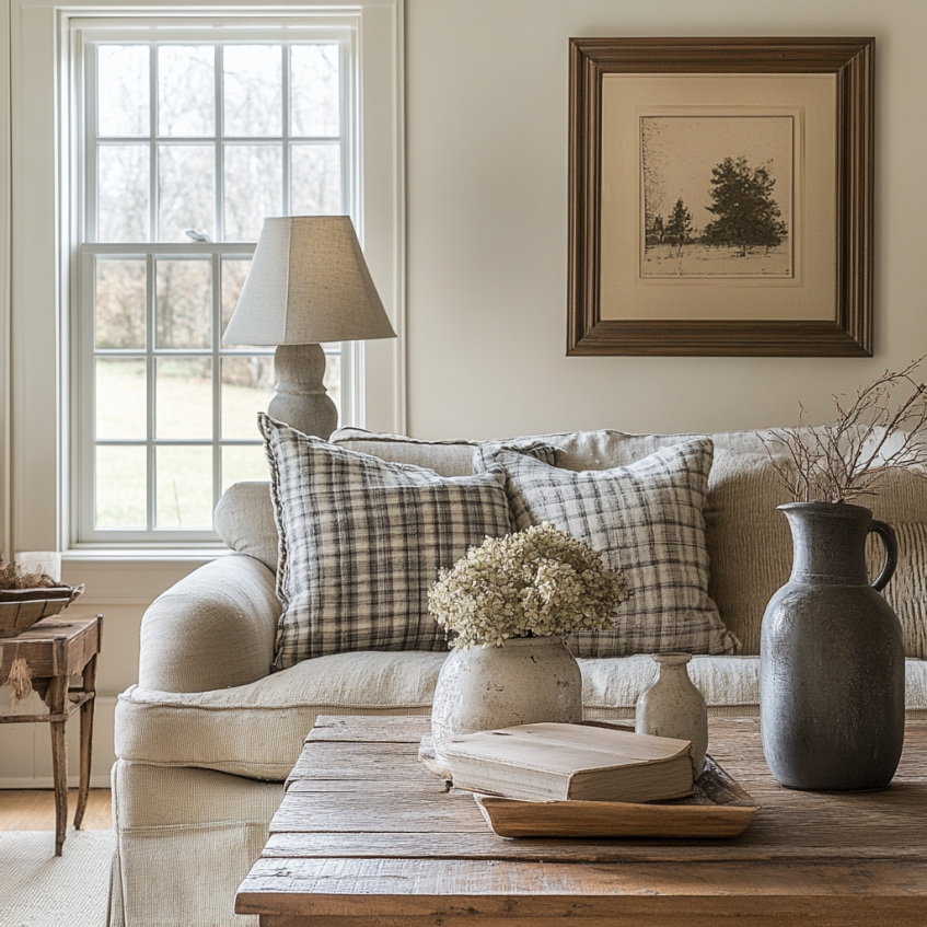 Neutral farmhouse living room with cozy cushions, rustic wood coffee table, and vintage pottery