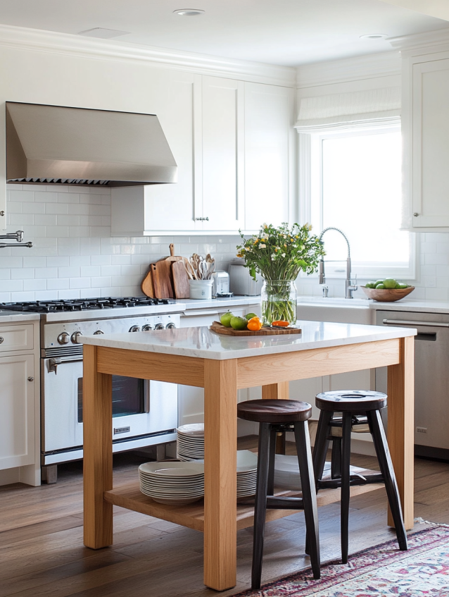 Cozy small kitchen with oak wood island, white cabinets, and stainless steel appliances. A blend of warmth and modern design for small kitchens.