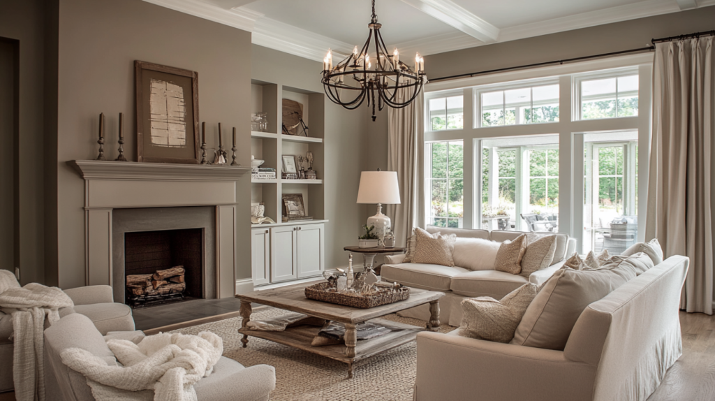 Farmhouse living room with warm taupe walls, layered neutral furniture, and cozy fireplace