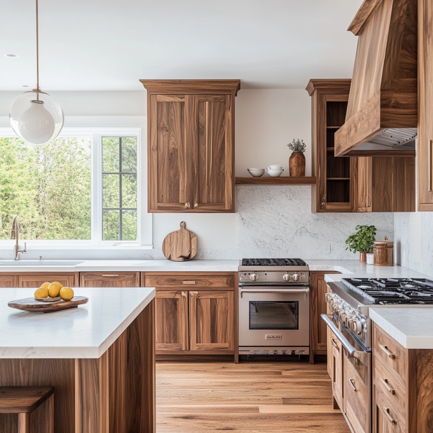 Rustic kitchen with walnut Shaker cabinets, marble countertops, and natural wood accents.