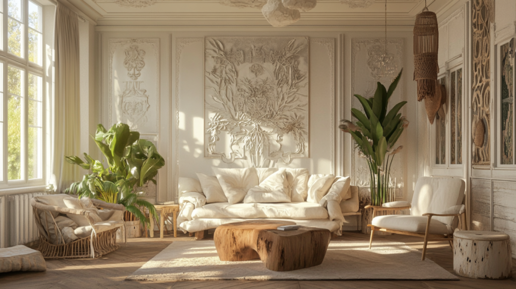 A sunlit boho living room with sculptural wall art and rattan furniture