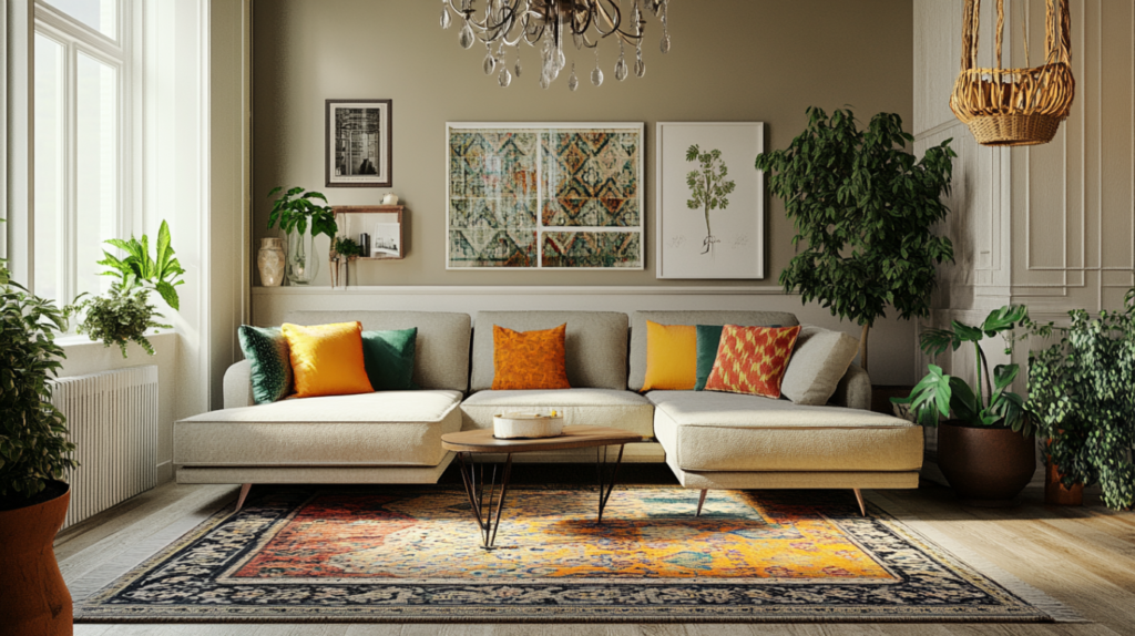 Modern boho living room with vibrant pillows, indoor plants, and a colorful Persian rug