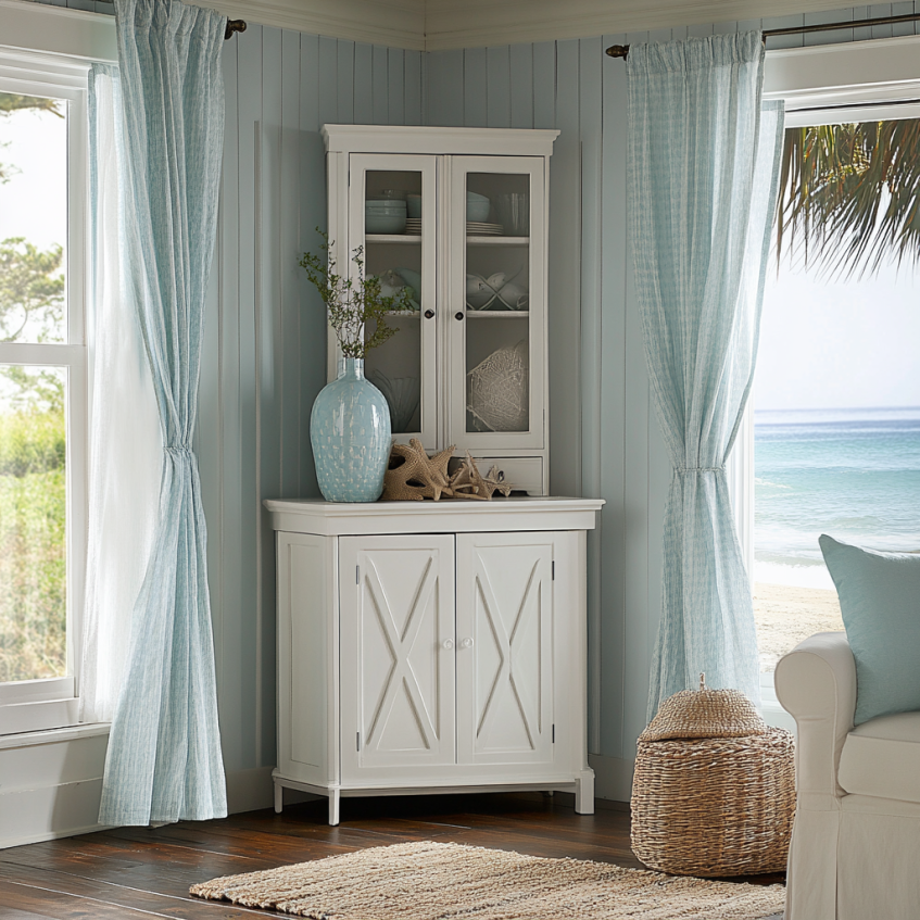 White corner cabinet with glass shelves and beachy decor accents, perfect for coastal home interiors
