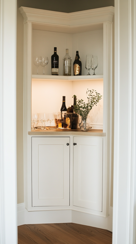 White corner dining room cabinet with bar setup, built-in shelves, interior lighting, and glassware display