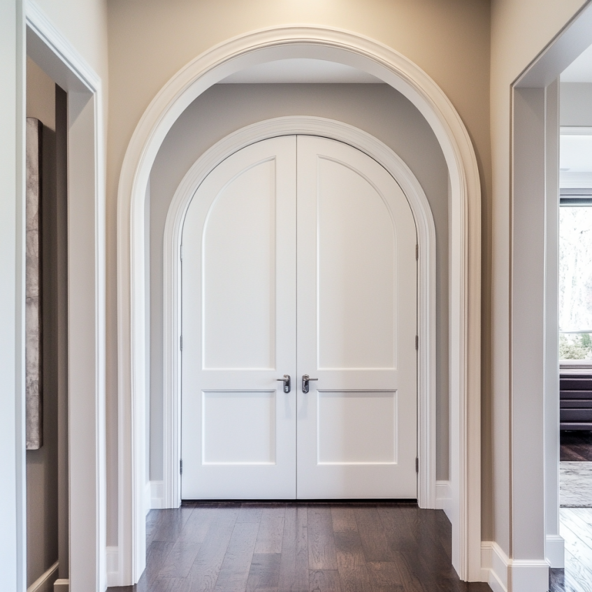 White double arched doors with clean lines, seamlessly blending into the modern living room design.